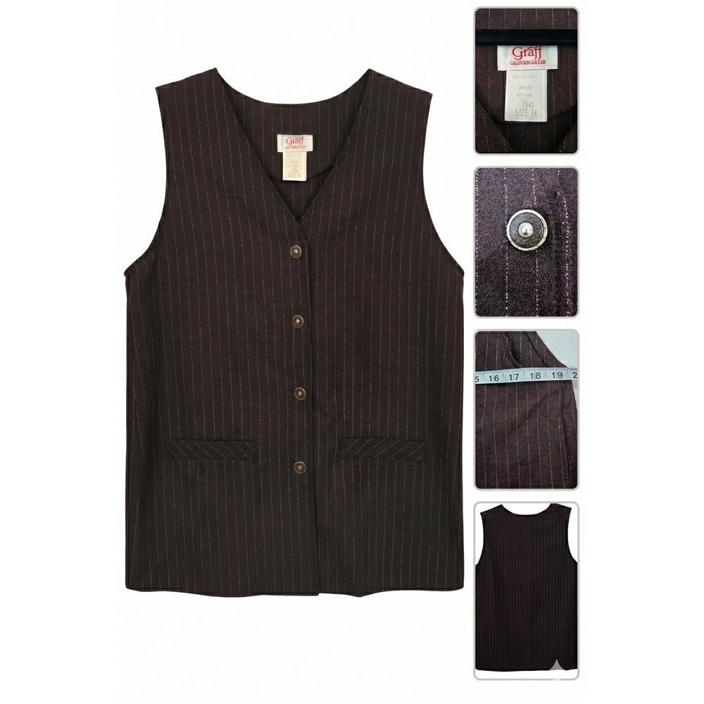 Vintage Graff Californiawear Vest Women 14 Brown Pinstripe USA Made Button Front